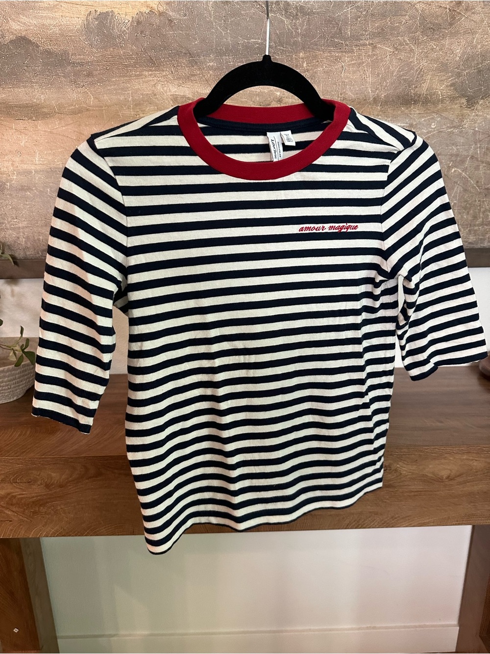 & Other Stories Navy and White Striped Tee with Red Collar